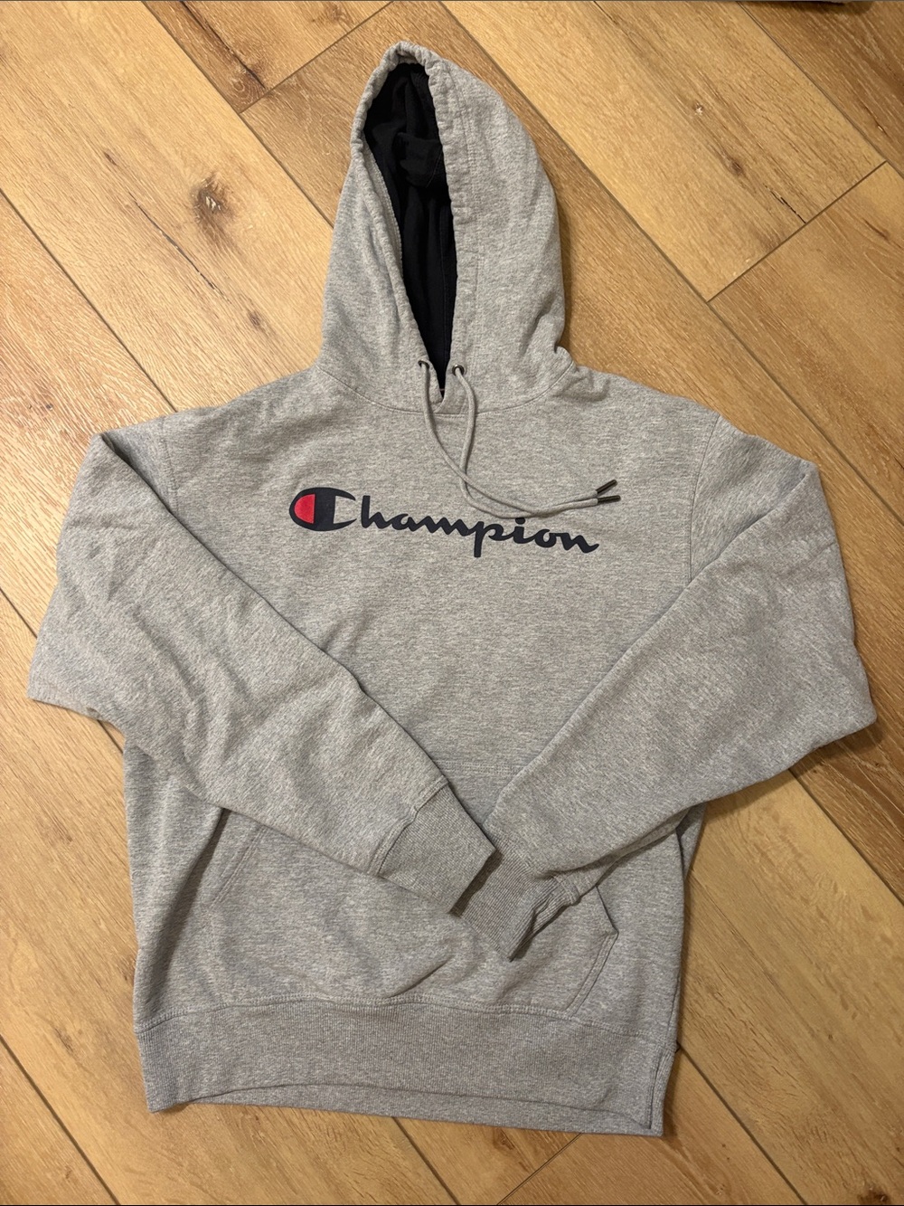Champion Gray Crewneck Hoodie with Script Logo and Red Emblem
